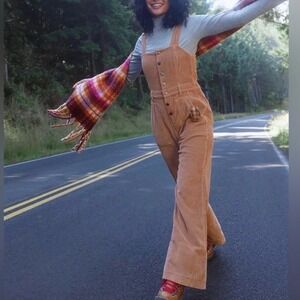 Aerie Corduroy Kick Flare Overalls Sz S Tan Brown Boho 100% Cotton